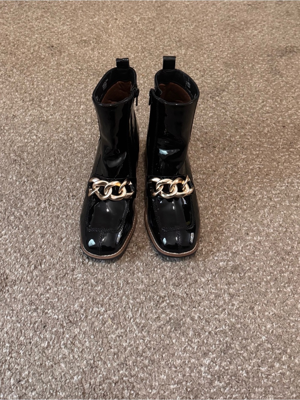 Steve Madden Black Patent Ankle Boots with Gold Chain Accent